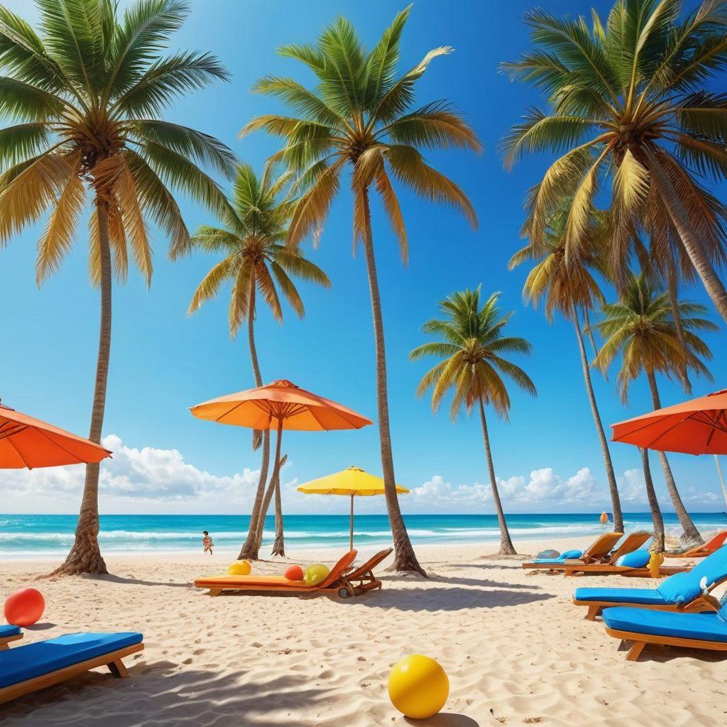 A vibrant beach scene featuring a diverse group of people showcasing playful beachwear, including colorful bikinis, stylish cover-ups, and unique beach accessories like sun hats and sunglasses. The background should include a sunny sky, gentle waves, and palm trees swaying in the breeze. Add a playful, fun vibe by incorporating beach balls and surfboards scattered around. Capture the essence of summer joy and relaxation. super-realistic. vibrant colors. sunny beach atmosphere.
