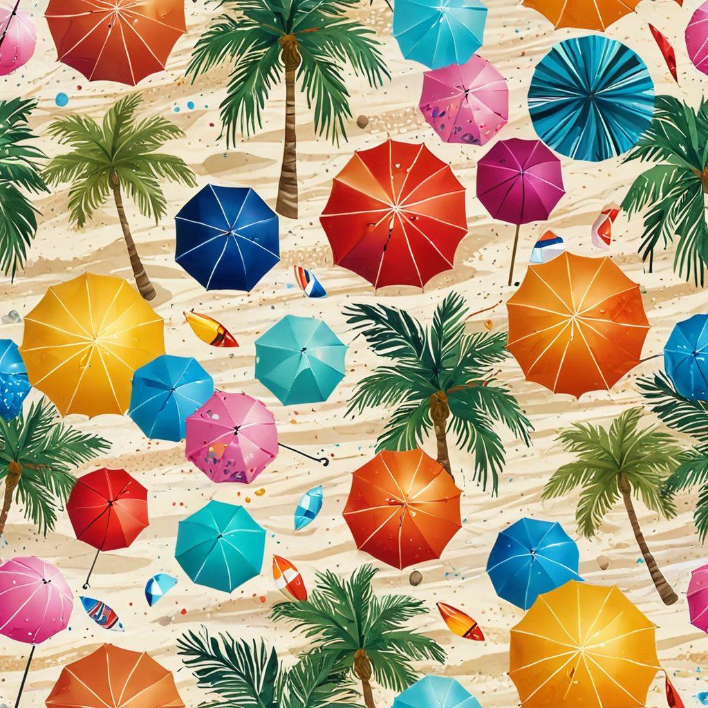 A vibrant beach scene featuring a diverse group of friends wearing playful and flirty swimwear, showcasing bold colors and fun patterns. The background includes soft sand, crystal-clear water, and beach umbrellas, with palm trees swaying in the breeze. Add elements of laughter and joy, like beach balls and surfboards, to convey a lively atmosphere. The sun should be shining brightly, casting a warm glow over the scene. super-realistic. vibrant colors. tropical theme.